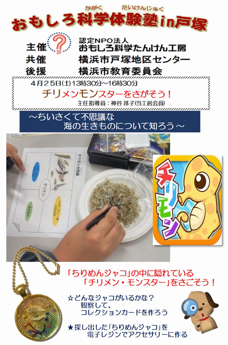 チリメンモンスターをさがそう ちいさくて不思議な海の生きものについて知ろう ｢ちりめんジャコ｣の中に隠れている｢チリメン・モンスター｣をさごそう ☆どんなジャコがいるかな？ 観察して、コレクションカードを作ろう ★探し出した｢ちりめんジャコ｣を電子レジンでアクセサリーに作る