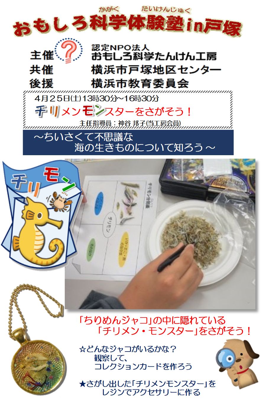 チリメンモンスターをさがそう ちいさくて不思議な海の生きものについて知ろう ｢ちりめんジャコ｣の中に隠れている｢チリメン・モンスター｣をさごそう ☆どんなジャコがいるかな？ 観察して、コレクションカードを作ろう ★探し出した｢ちりめんジャコ｣を電子レジンでアクセサリーに作る