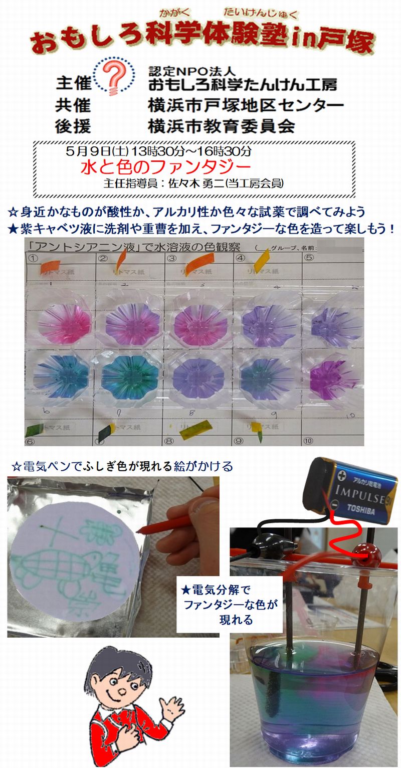 ☆身近かなものが酸性か、アルカリ性か色々な試薬で調べてみよう ★紫キャベツ液に洗剤や重曹を加え、ファンタジーな色を造って楽しもう！ ☆電気ペンでふしぎな色の絵がかける ★電気分解でファンタジーな色が現れる