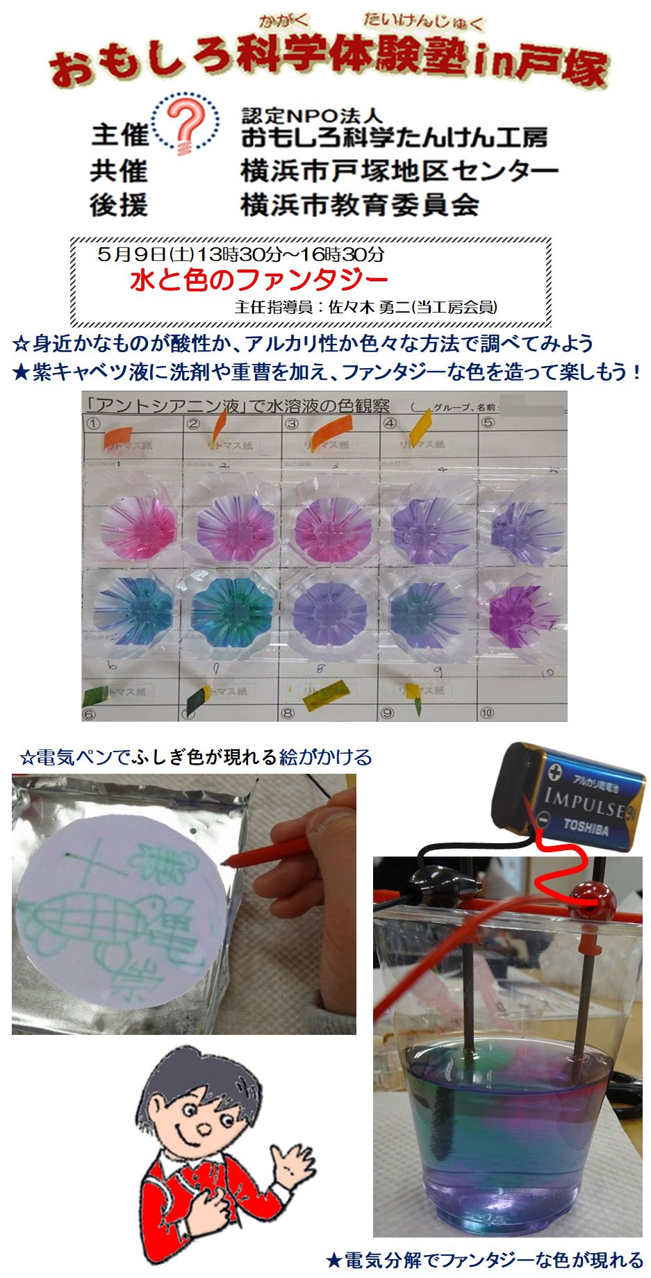 ☆身近かなものが酸性か、アルカリ性か色々な試薬で調べてみよう ★紫キャベツ液に洗剤や重曹を加え、ファンタジーな色を造って楽しもう! ☆電気ペンでふしぎな色の絵がかける ★電気分解でファンタジーな色が現れる